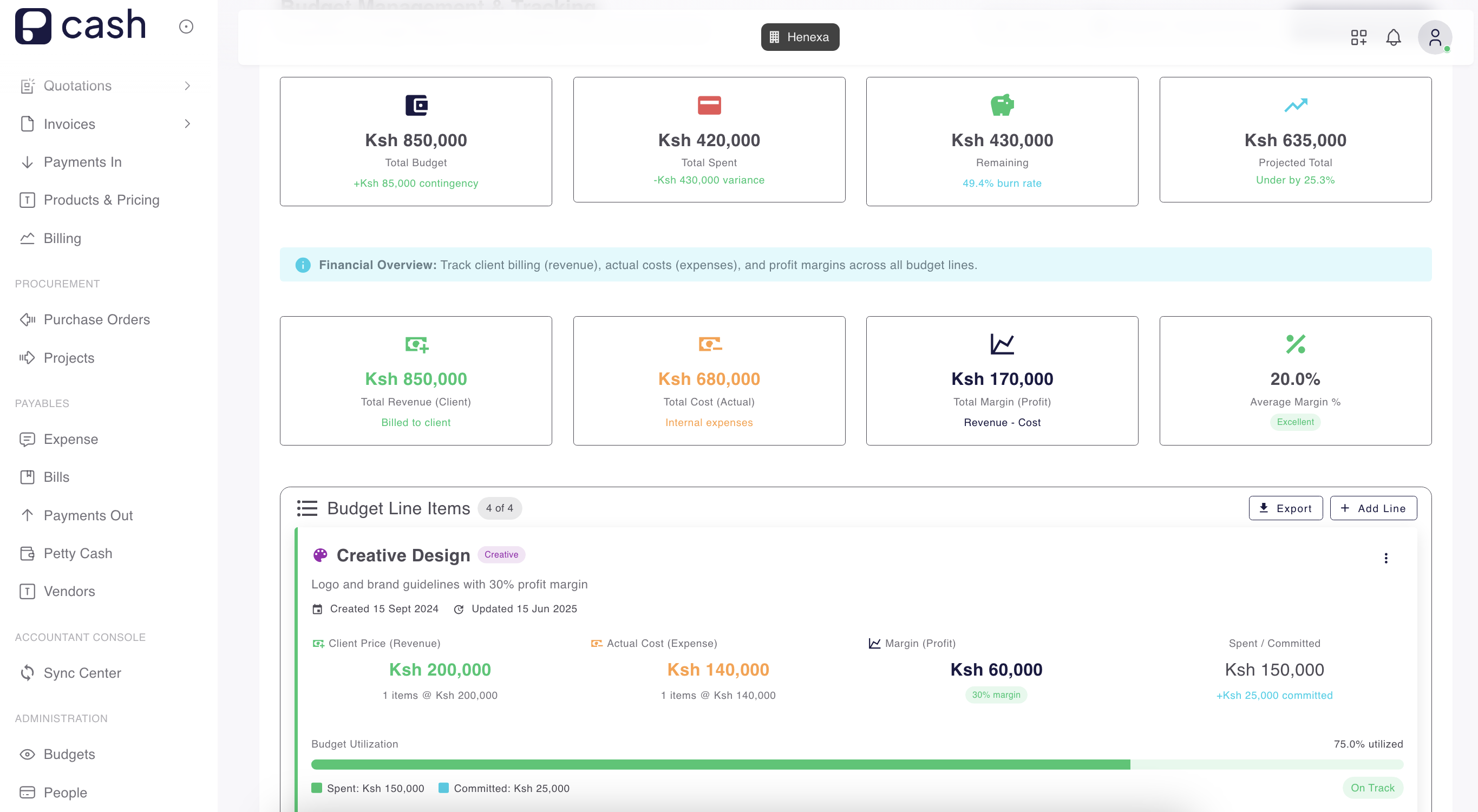 Pcash project budgeting dashboard showing real-time budget tracking