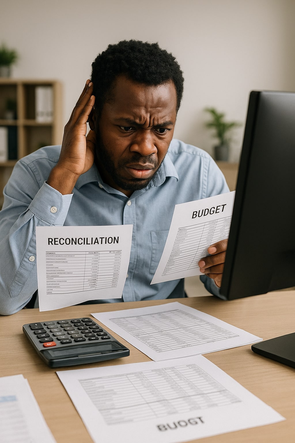 Kenyan business owner stressed about budget reconciliation and spending tracking