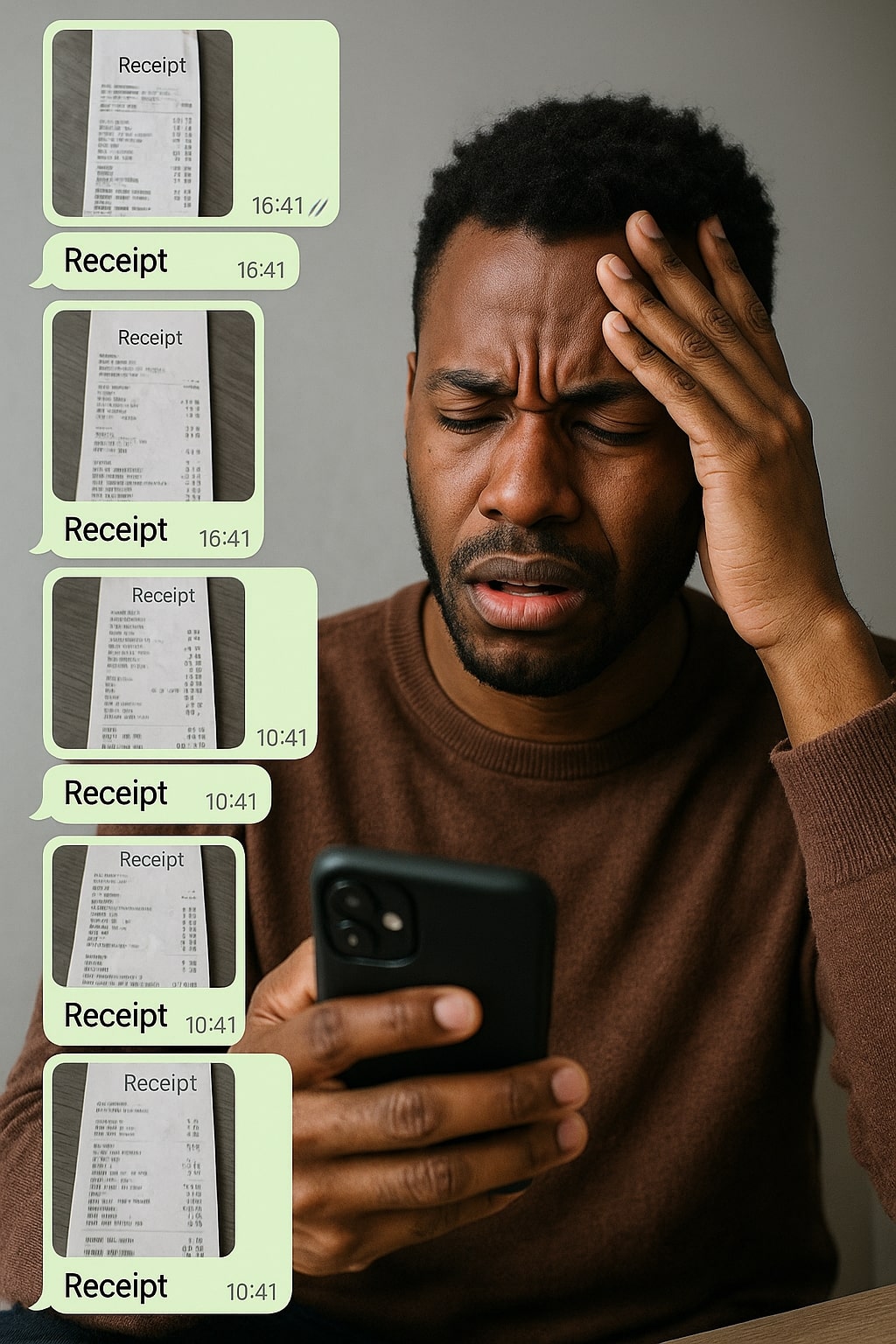 Overwhelmed finance manager dealing with multiple WhatsApp receipt messages